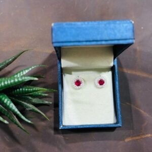 Elegant Silver Round Red Gemstone Stud