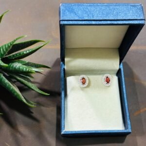 Classic Oval Silver Earrings With Red Gemstone Studs.
