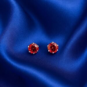 Red Petite Silver Round Stud Earrings