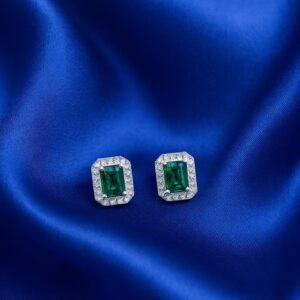 Silver Cushion Cut Green Crystal Halo Studs